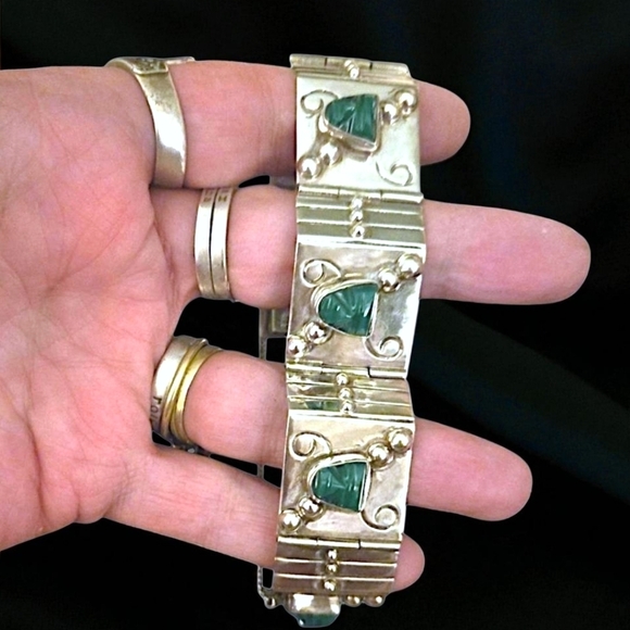 Vintage Jewelry - Vintage Solid 925 Sterling Silver Iguala Signed Mexico Bracelet Malachite